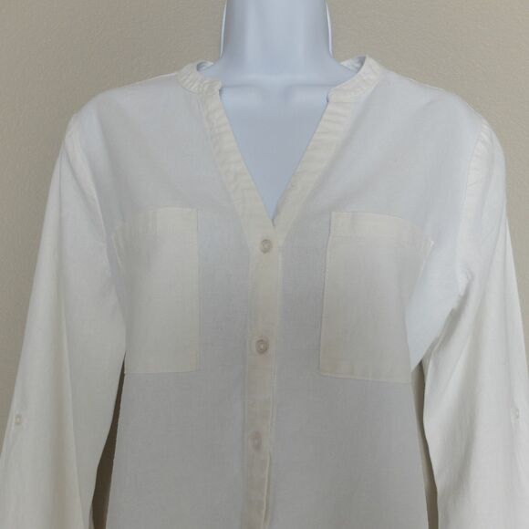 Nine West Jeans White Linen Blend Long Sleeve Button Up Blouse Size Small - Picture 3 of 9